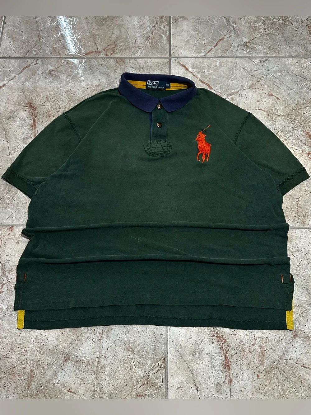 Polo by Ralph Lauren Dark Green Polo with Navy Collar and Orange Pony